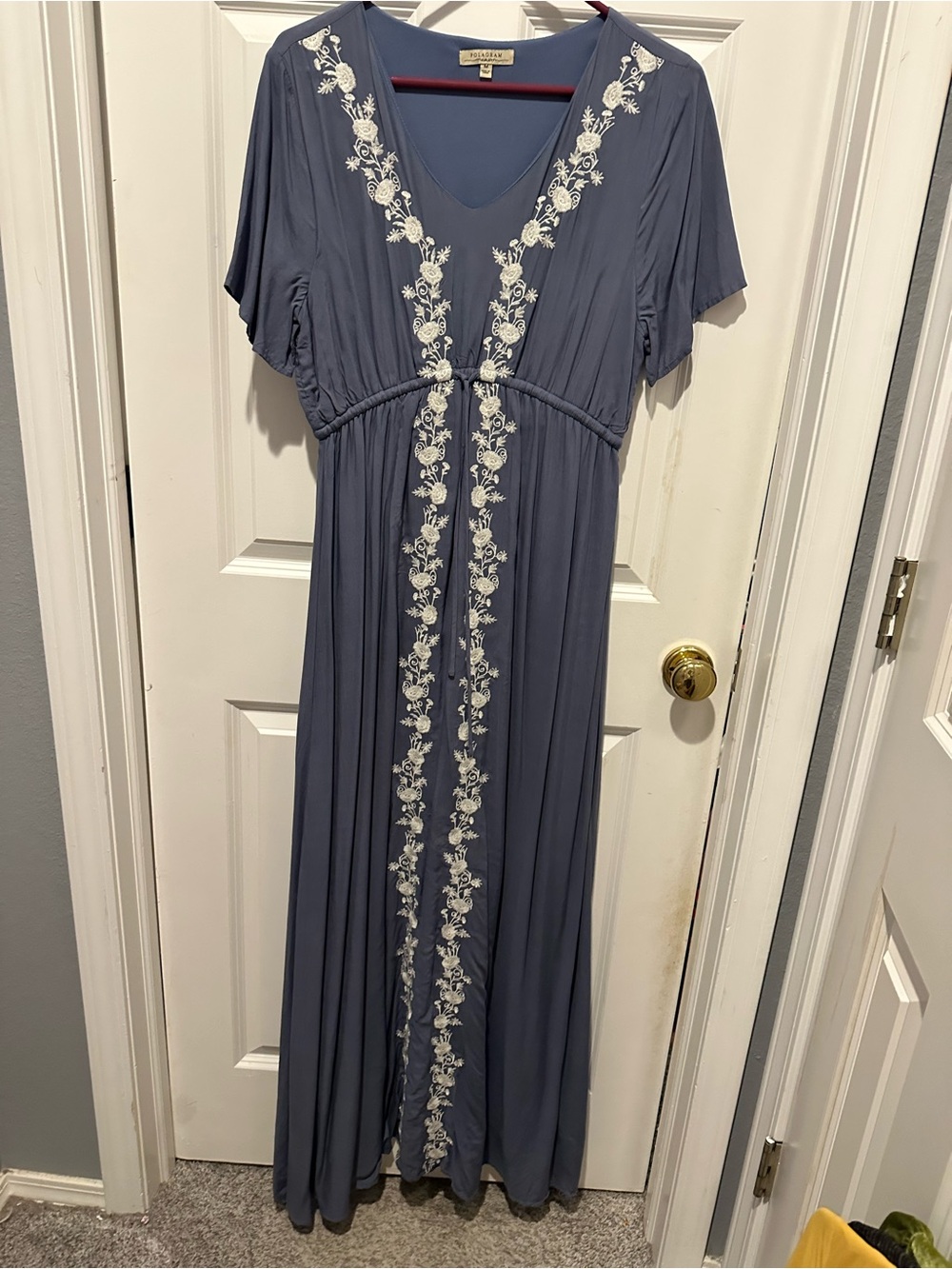 Polagram Slate Blue Maxi Dress with White Floral Embroidery